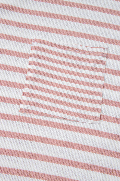 Pink Stripe Waffle Knit Pocketed Half Sleeve Plus Size T Shirt